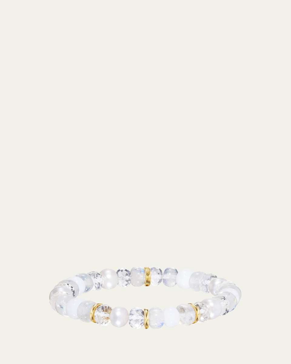 14K Yellow Gold White Mix Bead Bracelet with 3 Plain Rondelles